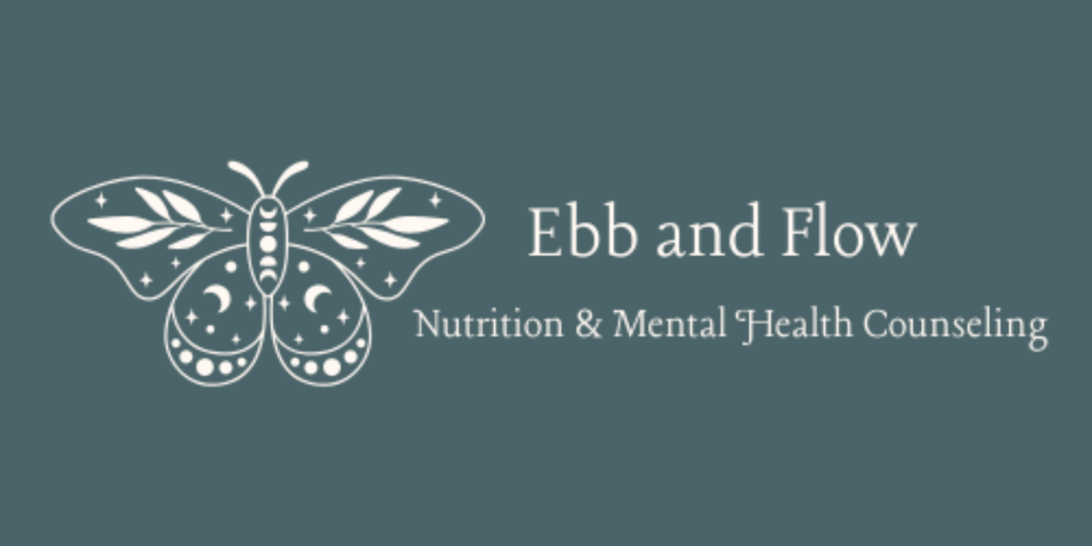 Logo for Ebb and Flow Nutrition & Mental Health Counseling featuring a stylized butterfly with stars and moons.