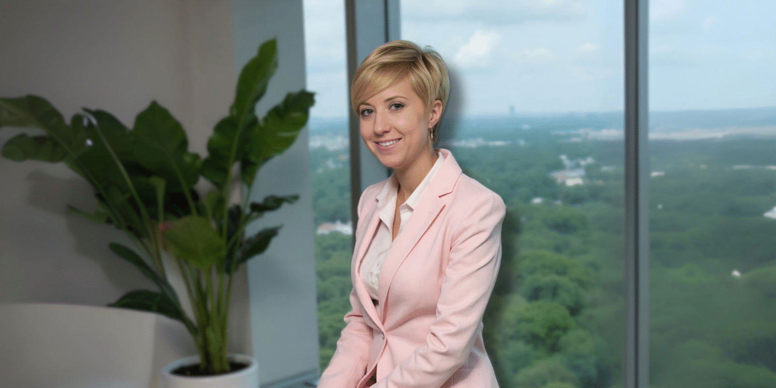 Professional woman with short blonde hair wearing a pink blazer and white blouse, sitting in front of a large window with a city view. She smiles confidently while seated next to a green plant in an office environment.