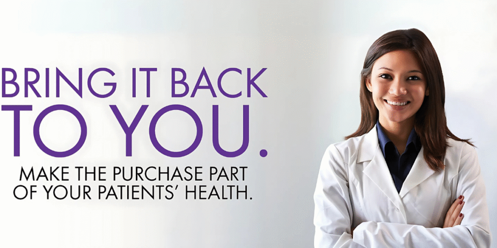 Smiling female optometrist in white coat next to text promoting patient-centered contact lens purchases.