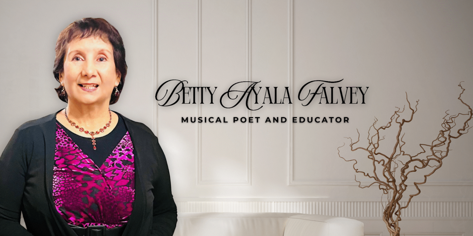Betty Ayala Falvey smiling beside her name and title, "Musical Poet and Educator," on a neutral background.