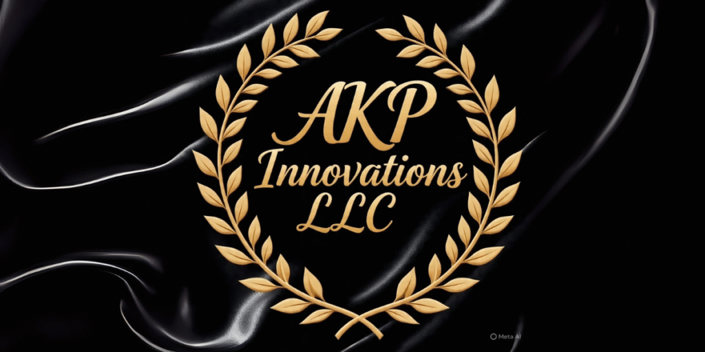 AKP Innovations LLC logo featuring a golden laurel wreath on a black background, symbolizing excellence and innovation.