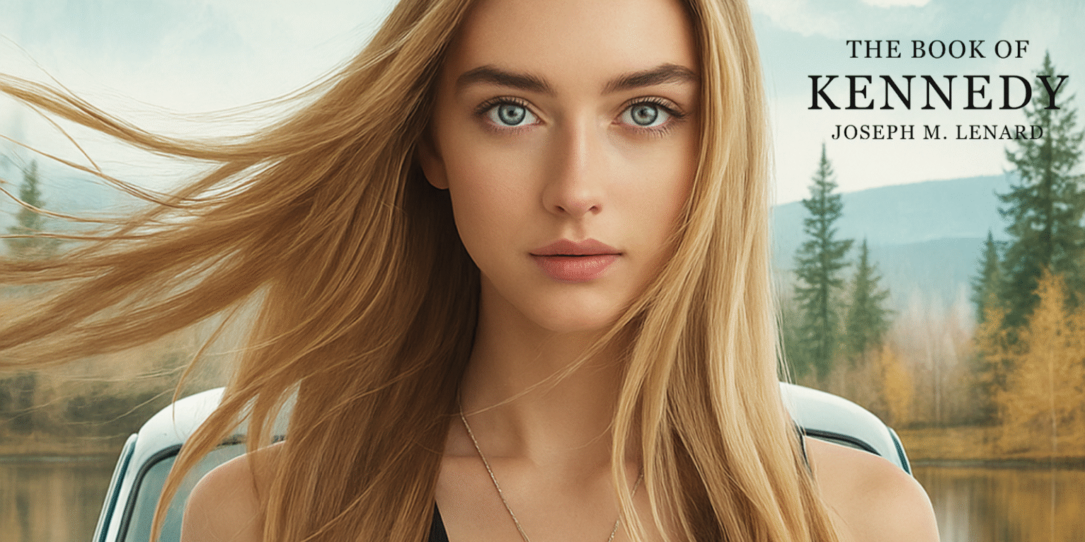 A young woman with long blonde hair stands near a classic car, with a mountainous landscape in the background.