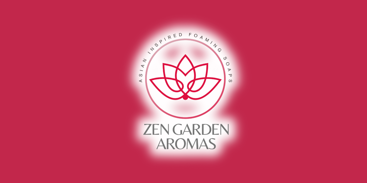 Zen Garden Aromas logo with a red lotus and tagline “Asian Inspired Foaming Soaps” on a red background.