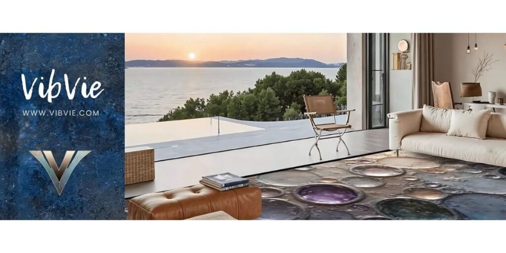 VibVie luxury rug design with modern living room featuring a beautiful view of the ocean.