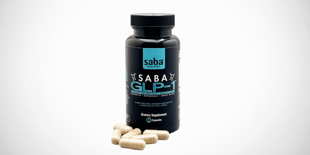 Saba GLP-1 dietary supplement bottle alongside capsules, designed to boost GLP-1 production, enhance metabolism, and improve gut health with natural ingredients.