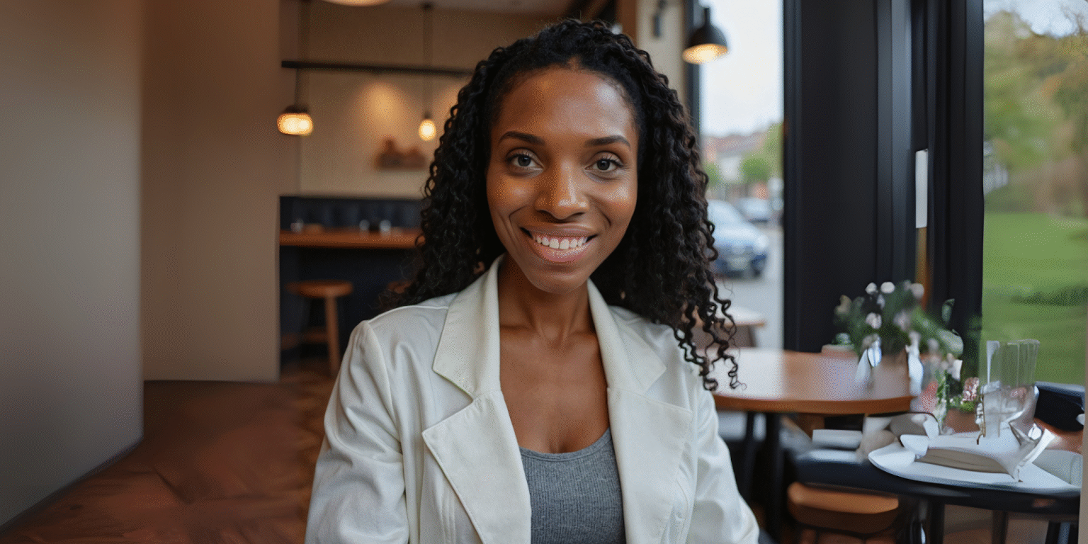 "Happy young woman with curly hair wearing a white blazer, sitting at a table in a bright cafe. The background includes plants and natural light, offering a relaxed and welcoming vibe."