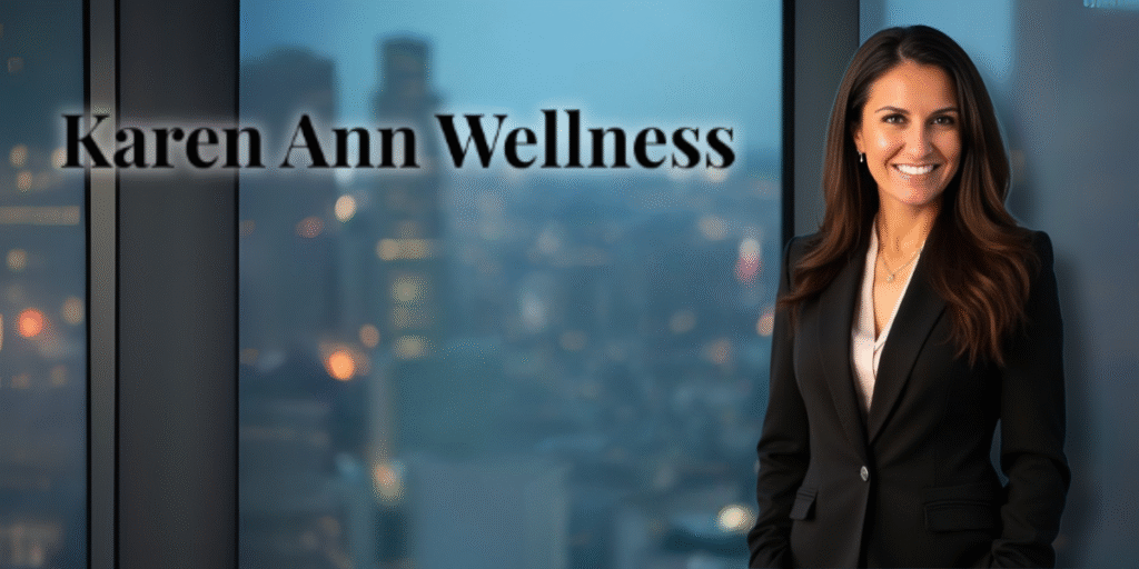 "Woman in a black suit with long brunette hair standing in front of a city skyline, with the text 'Karen Ann Wellness' overlaying the image."