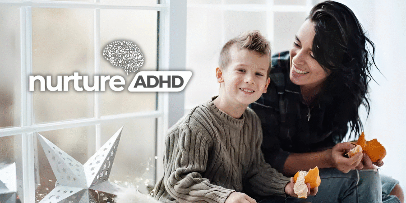 Smiling mother and son share oranges by a window with “Nurture ADHD” logo beside them.
