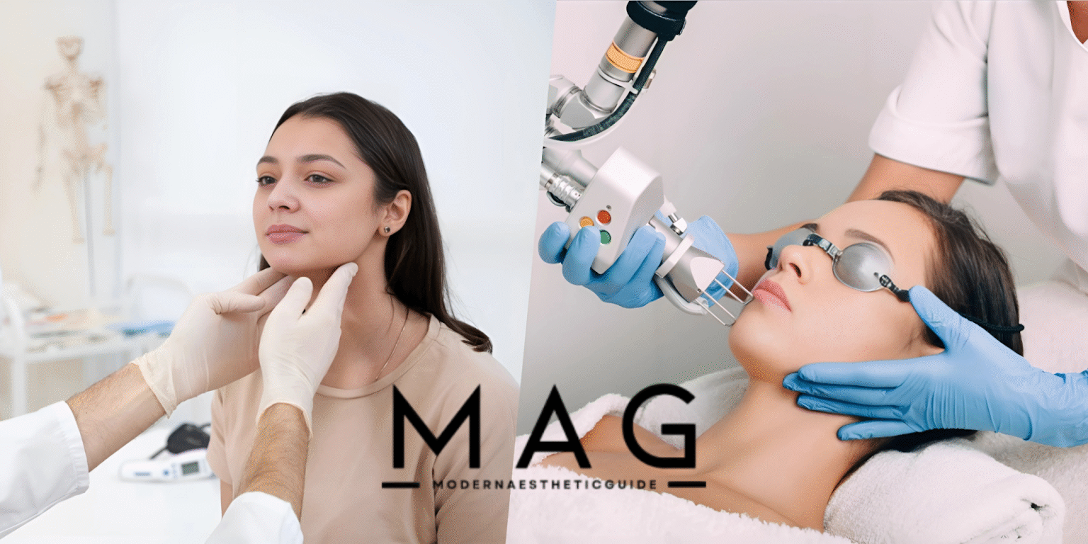 Aesthetic consultation and treatment in progress, featuring a professional assessing a client's chin and applying a laser device, with the Modern Aesthetic Guide (MAG) logo in the center.