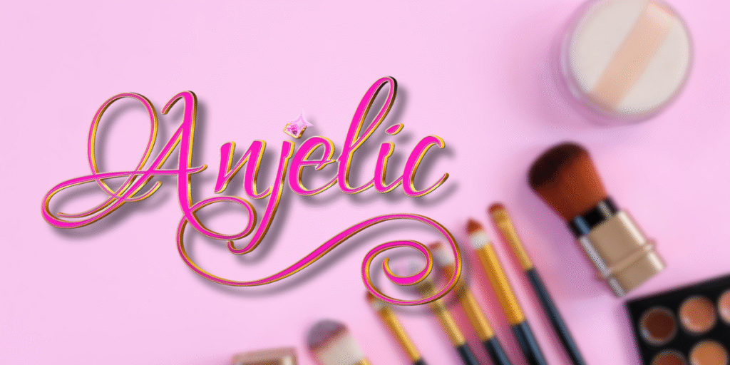 "Anjelic logo in elegant script above makeup brushes and products on a pink background, representing accessible beauty."