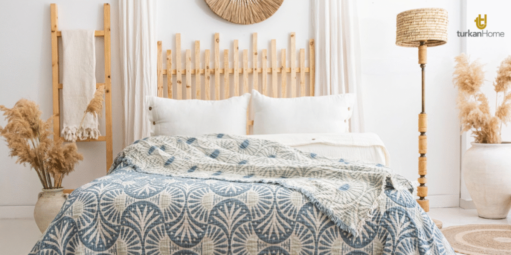 "Elegant TurkanHome muslin bed blankets blend Turkish craftsmanship with sustainable luxury for a timeless, multifunctional home decor."