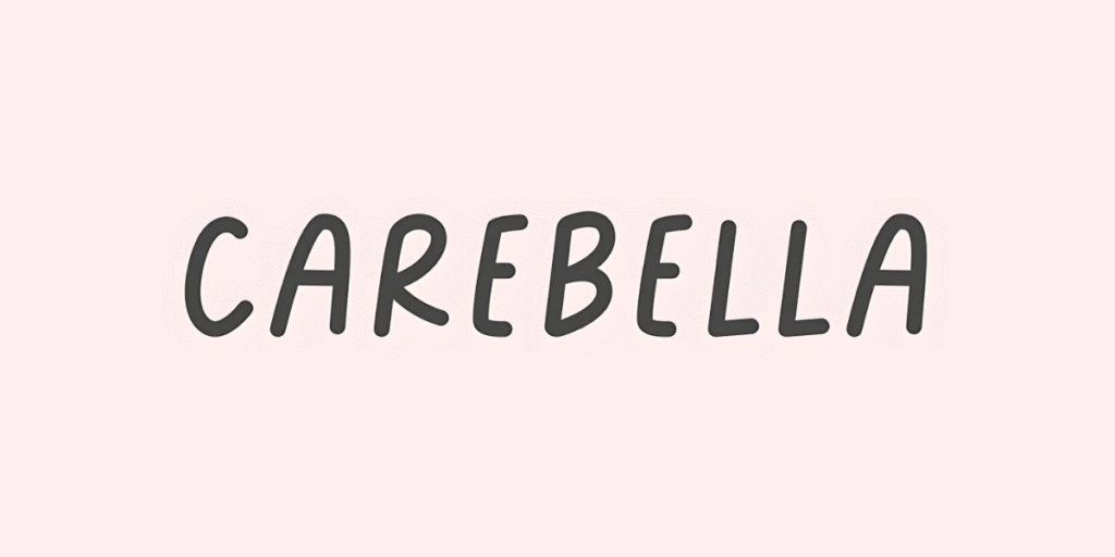 Carebella logo in playful handwritten-style font on a soft pink background, representing a feminine and caring brand identity.