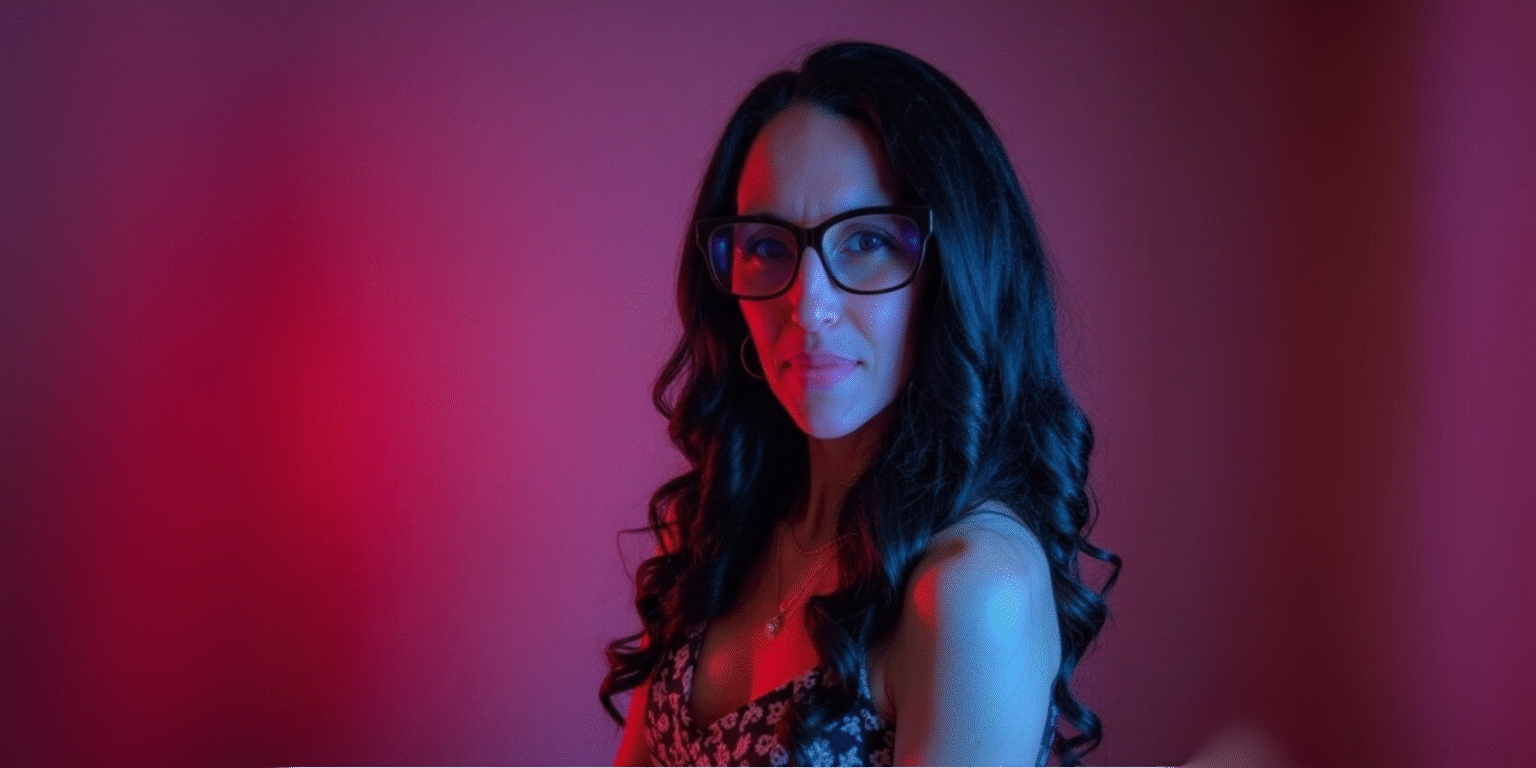Woman with long dark curls and glasses in colorful lighting, representing Glow Simplicity creator Celeste Marie.