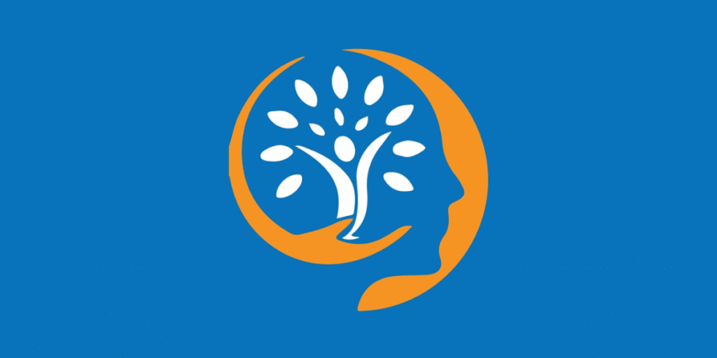 Logo symbolizing trauma-informed care with a human silhouette, tree, and neural connections for healing and wellness.