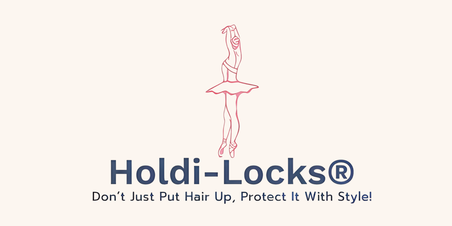 "Holdi-Locks® logo featuring elegant ballerina silhouette with tagline ‘Don’t Just Put Hair Up, Protect It With Style!’ promoting stylish and protective hair accessories."