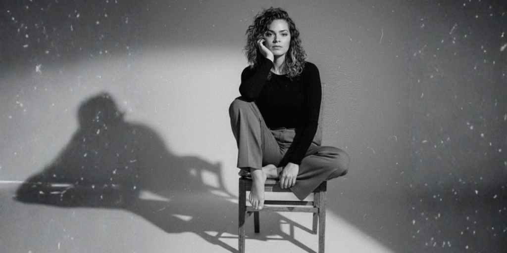 Where Science Meets Self-Alignment In Women’s Success Black-and-white portrait of woman sitting on chair, dramatic lighting casting shadow, contemplative expression.