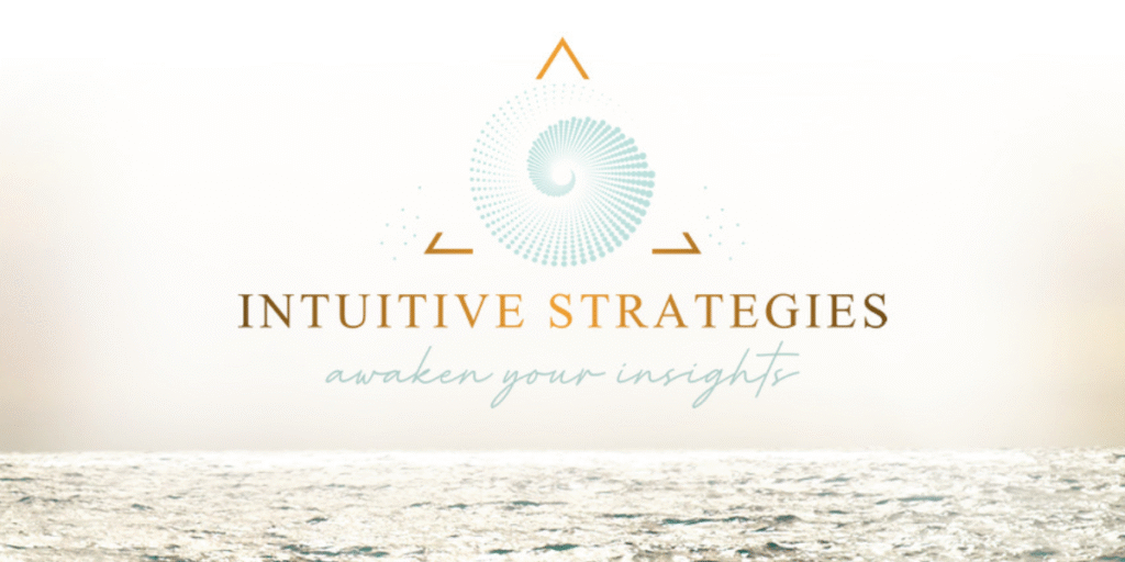 Intuitive Strategies logo with ocean backdrop, symbolizing leadership transformation, combining intuition and strategy for soulful business success.