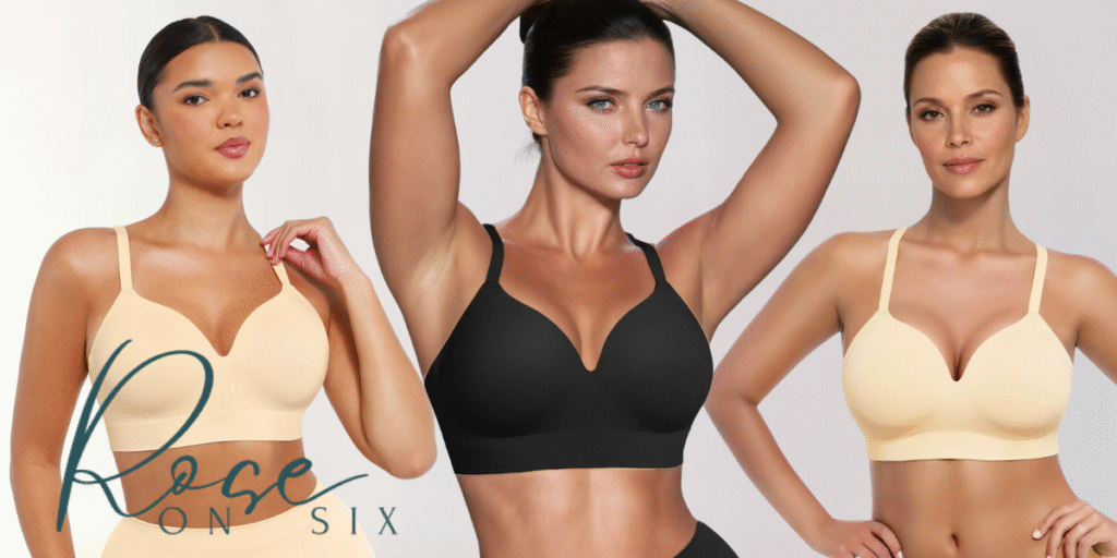 Goodbye to Painful Wires: Rose on Six Revolutionizes Lingerie for All-Day Comfort Three women modeling wire-free bras from Rose on Six, showcasing comfort and support in a variety of sizes.
