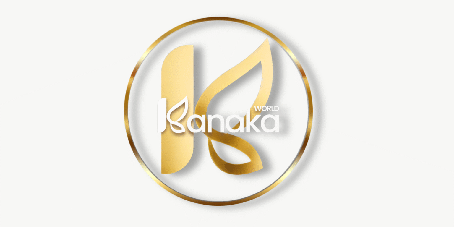 "Kanaka World logo featuring a stylized wave forming the letter 'S', with the brand name 'Kanaka' in elegant white text and a golden circular outline."