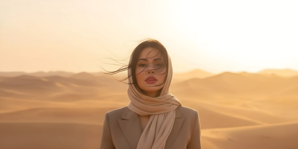 A woman in a beige suit and scarf stands in the Moroccan desert, embodying elegance and natural beauty with confidence.