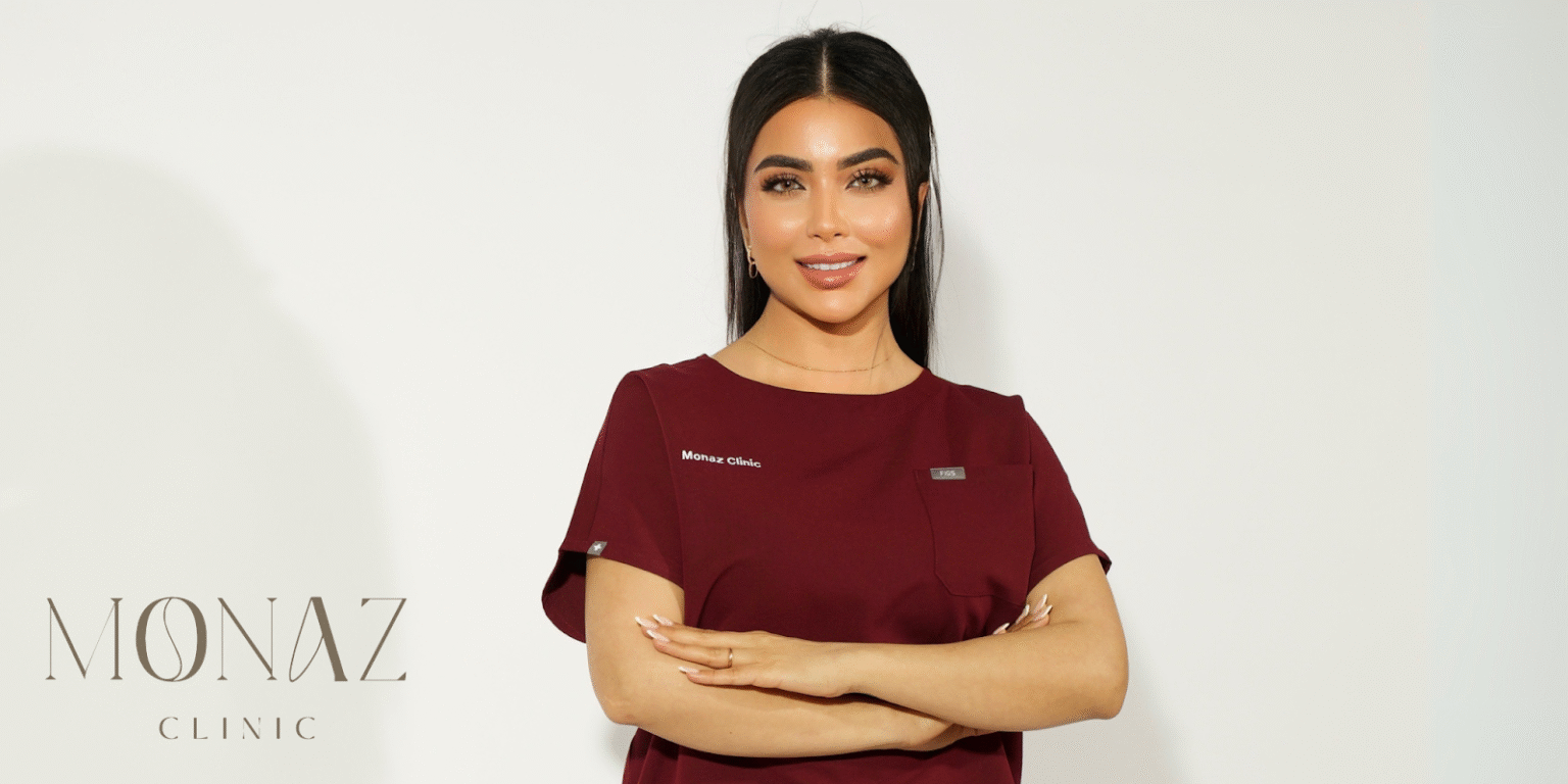 The image shows a luxurious aesthetic clinic with soft lighting, elegant white furniture, and subtle floral decor, creating a serene, upscale environment.