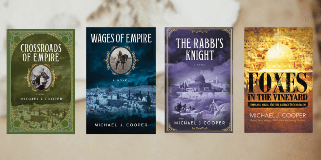 Four historical fiction book covers by Michael J. Cooper, exploring identity, conflict, and peace in the Holy Land.