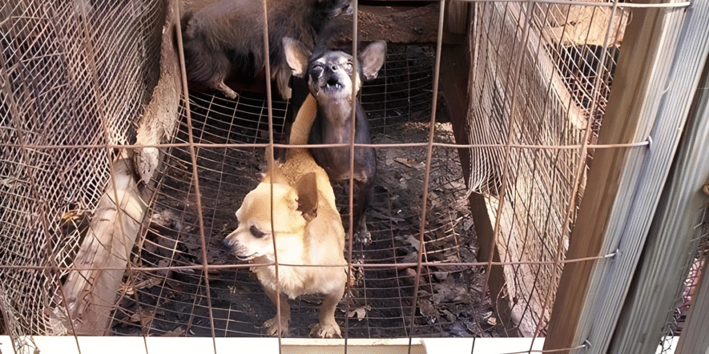 Chihuahuas in a cage, highlighting the need for animal welfare and veteran service dog support.