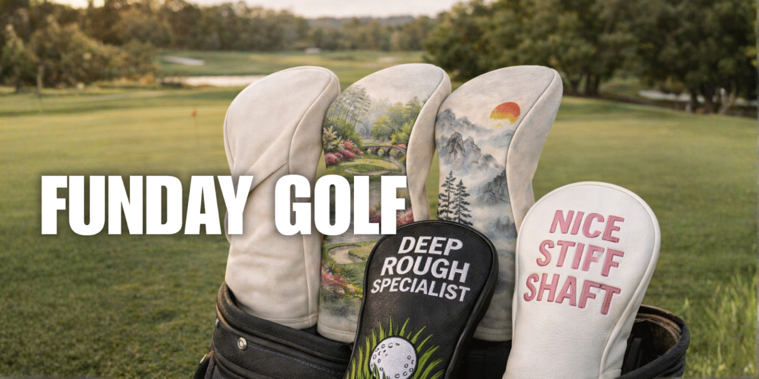 Funday Golf: Emily Yang Brings Personality To The Course Golf bag with colorful novelty headcovers reading Deep Rough Specialist and Nice Stiff Shaft on sunny course, Funday Golf branding.