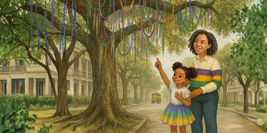 Nell Mack: A Mardi Gras Tale that Brings New Orleans to Life A mother and daughter admire Mardi Gras beads hanging from trees in New Orleans during Carnival season.