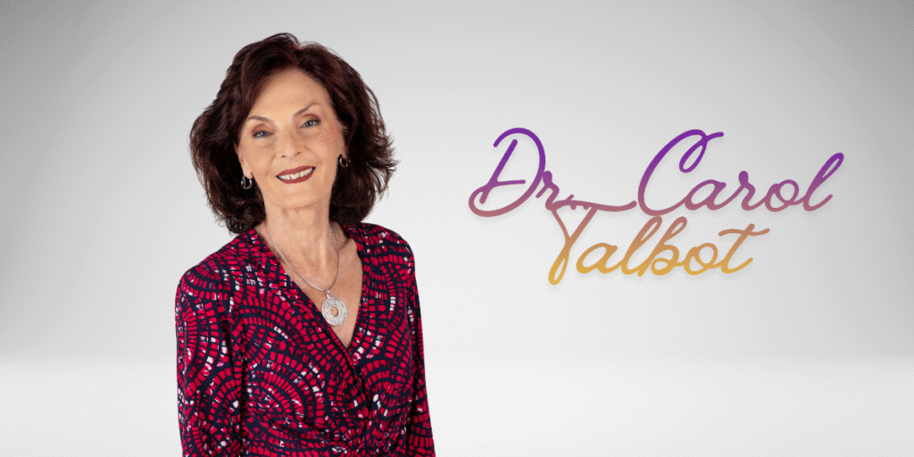 Dr. Carol Talbot smiling in a patterned red dress beside her name in colorful script.