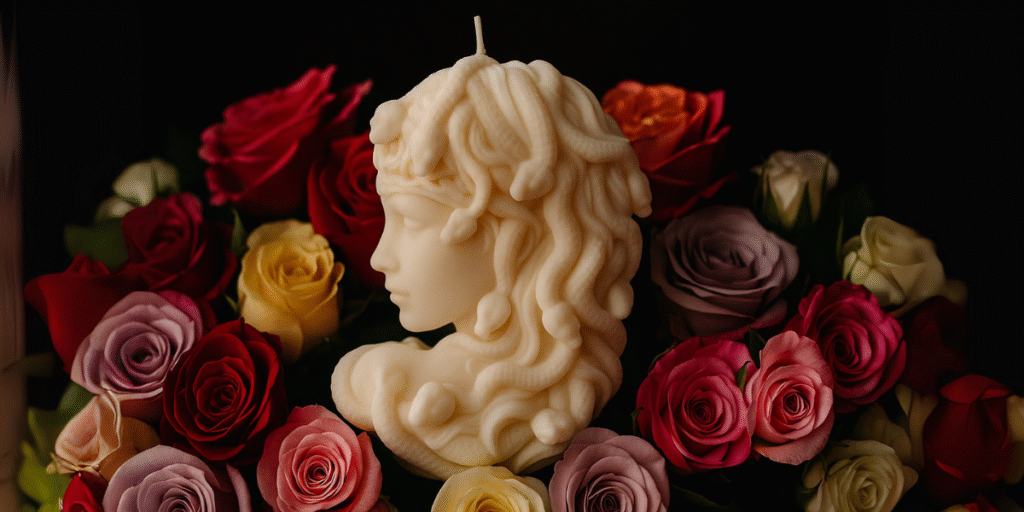 Sculptural candle of Medusa surrounded by colorful roses, symbolizing Votive Candle Co.'s eco-luxury wellness brand.