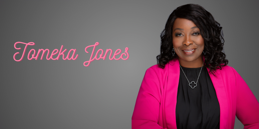 Tomeka Jones in a pink blazer, smiling confidently beside her name, representing Flawless Life Coaching.