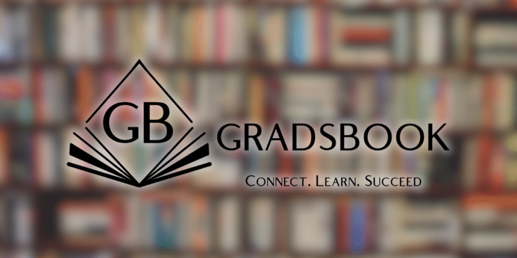 Gradsbook logo over blurred bookshelf background, representing a platform helping students connect before college begins.