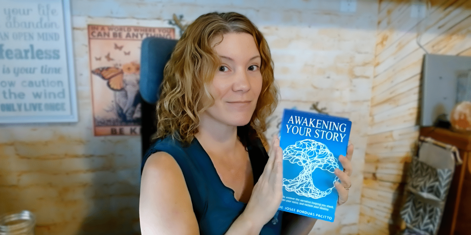 Marie-Josée Borduas holding *Awakening Your Story*, promoting her Story Alchemy movement to help others rewrite their narratives.