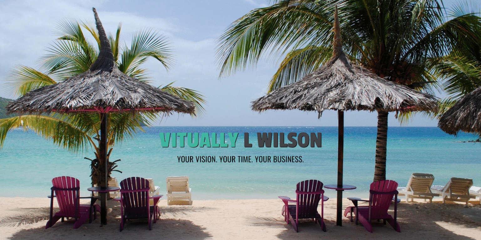 "Beach scene with umbrellas and chairs, featuring 'Virtually L Wilson' and the tagline: 'Your Vision. Your Time. Your Business.'"