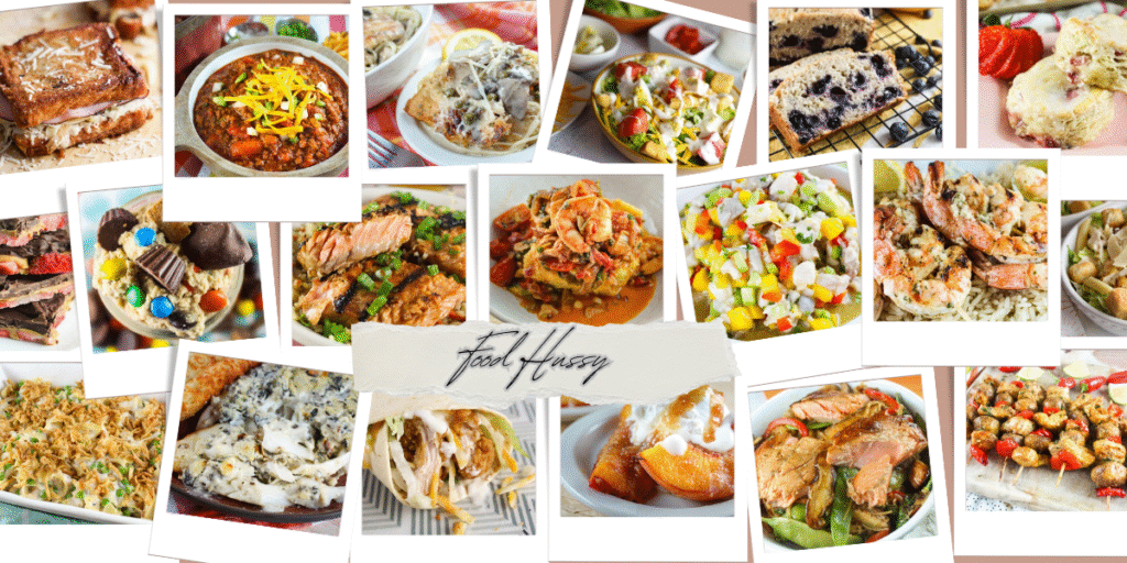 Collage of colorful, restaurant-style homemade dishes from Food Hussy blog, showcasing Heather Johnson’s popular copycat recipes.