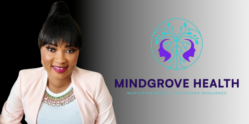Dr. Fey Ramey, founder of Mindgrove Health, stands proudly with her logo emphasizing mental health and resilience.