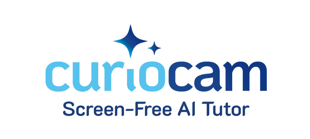 CurioCam™ logo with gradient blue typography, featuring a star-like element above the "r" and "i," and the tagline "Screen-Free AI Tutor.