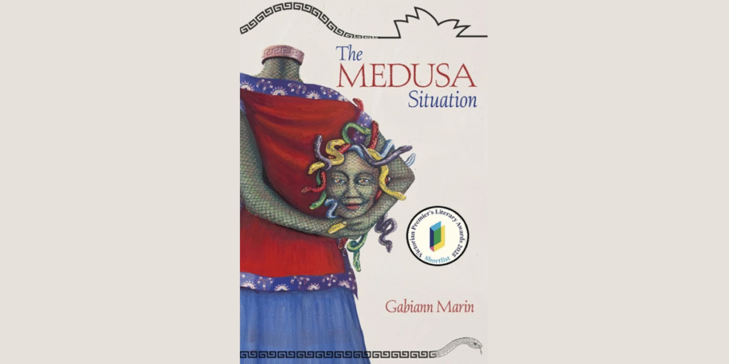 Cover of The Medusa Situation by Gabiann Marin, featuring Medusa holding a mask with a colorful snake hair design