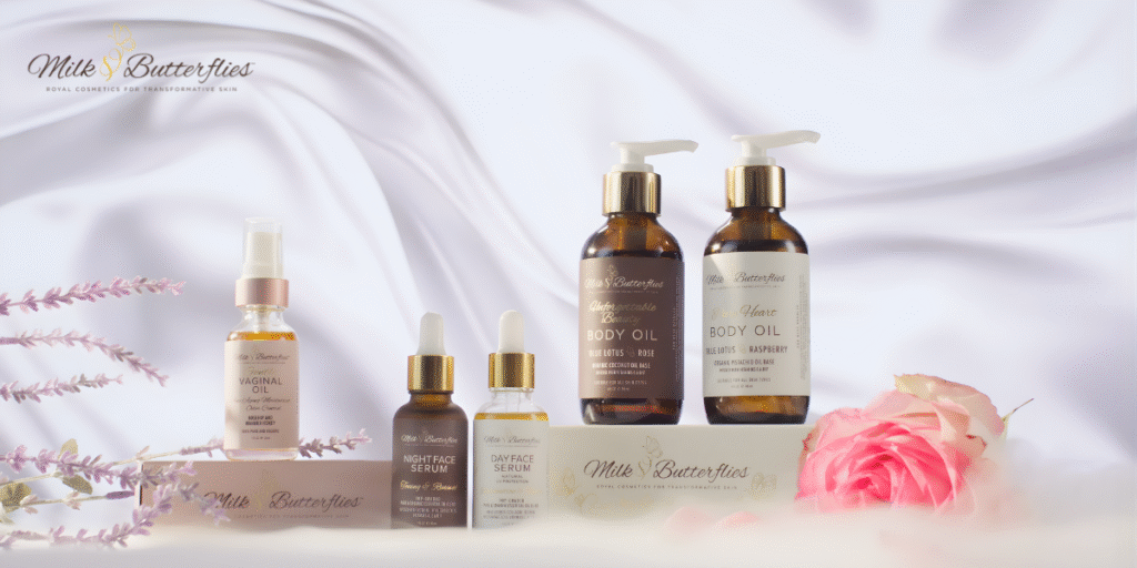 Milk and Butterflies skincare products including Vaginal Oil, Night and Day Face Serums, and Body Oils, promoting natural beauty.