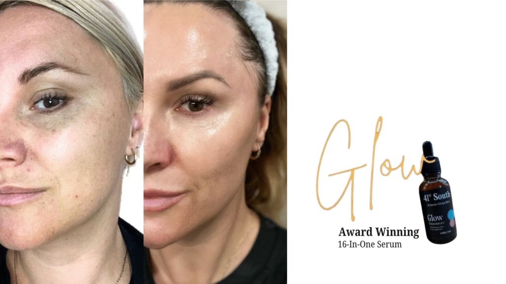 Before and after photos showing glowing skin results using 41° South Glow serum; award-winning skincare for 16 concerns.