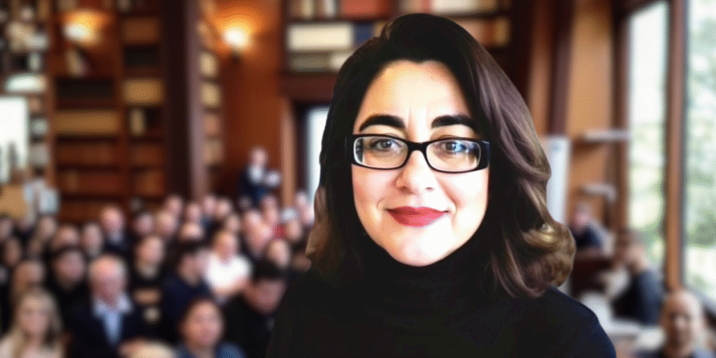 Shadan Kapri speaking at an event, with a blurred audience and bookshelves in the background.