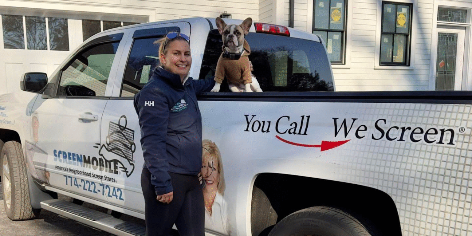 "Britney Nelson with her dog and ScreenMobile truck, offering custom outdoor living solutions in South Shore, MA."