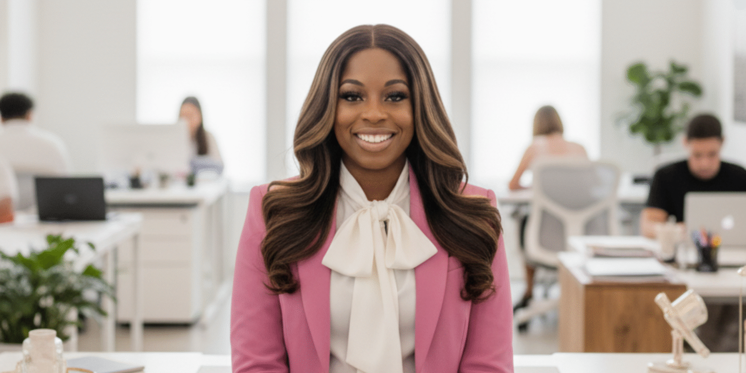 Dr. Melody McIntosh-Hayes, founder of She Is Global Awards, smiling in an office setting, embodying empowerment and leadership.