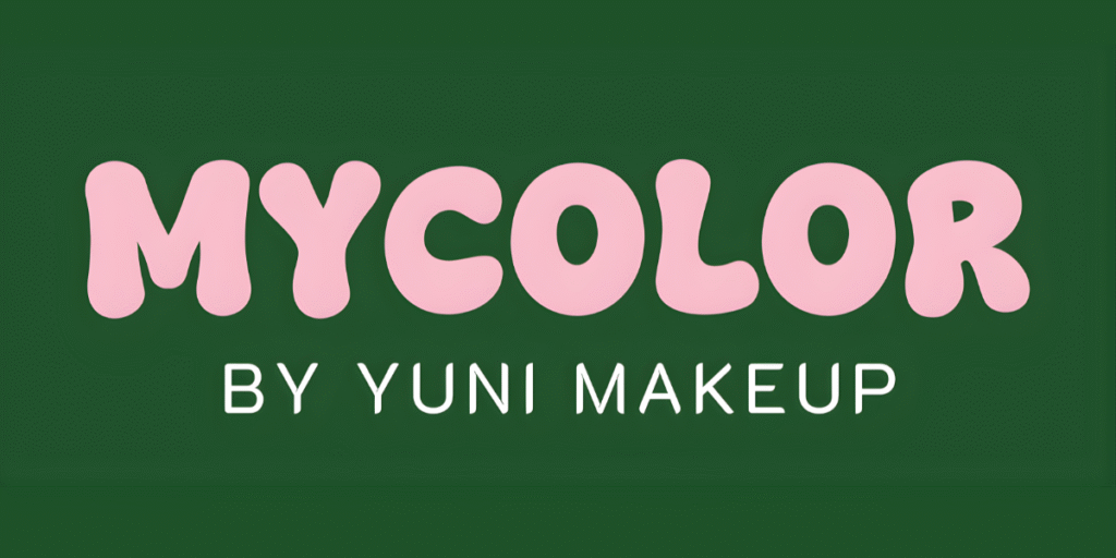 Logo for MYCOLOR by Yuni Makeup with pink bubbly lettering on a green background, featuring the brand's name and tagline.