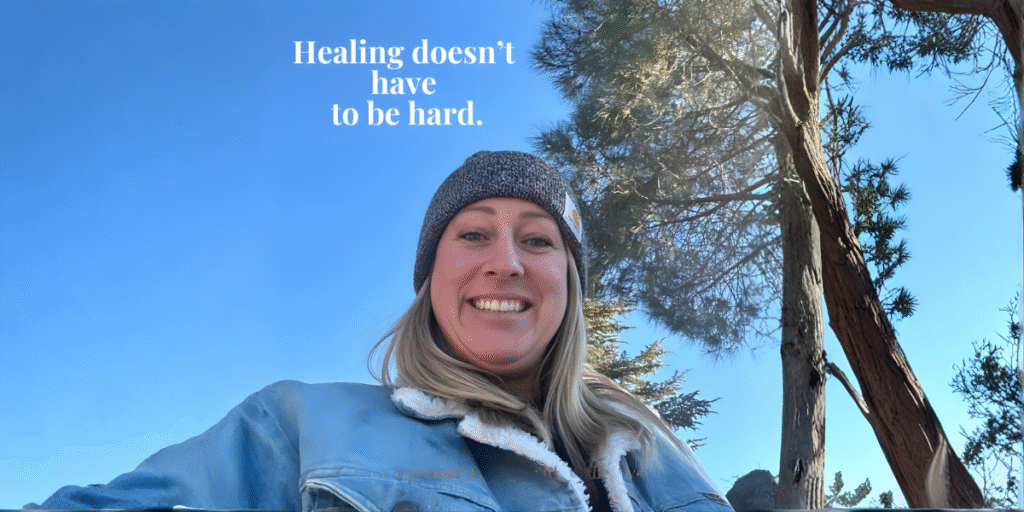 You’re Not Broken, You’re Just Out of Balance: Angela Romero’s Mission to Help Women Heal Naturally Smiling woman outdoors under blue sky with trees, text reads “Healing doesn’t have to be hard.” promoting natural wellness.