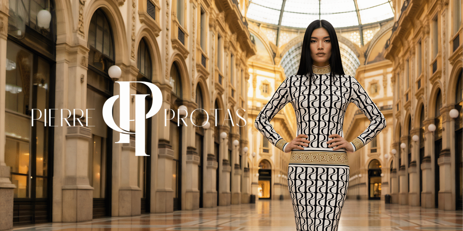 Model in geometric black-and-white dress posing in ornate luxury gallery with “Pierre Protas” branding.