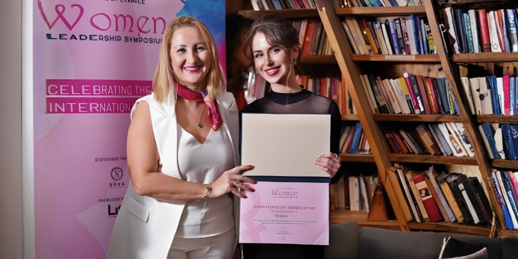 "Veronica Hamilton with award at the Women Leadership Symposium, celebrating her achievements in tech, leadership, and global innovation."
