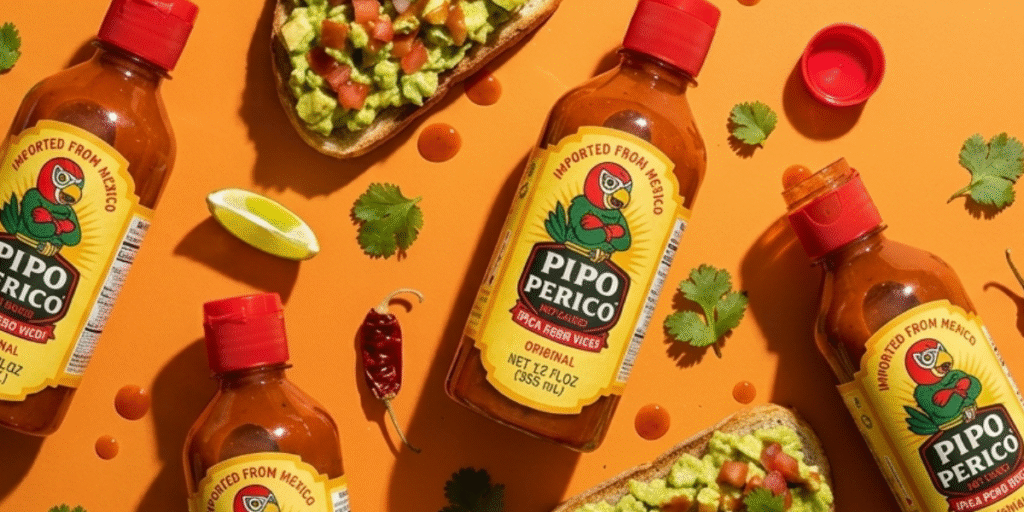 Pipo Perico hot sauce bottles with tacos, avocado toast, and Mexican-inspired ingredients on orange background.