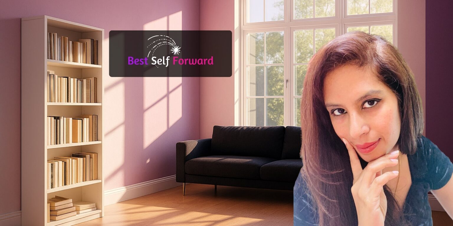 Dr. Preeti Mistry, leadership and relationship coach, with a bookshelf and couch backdrop, promoting empowerment and self-leadership.